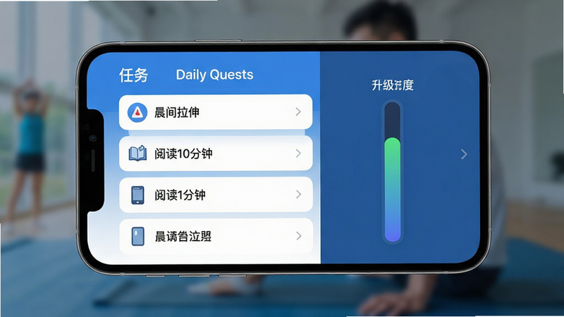 展示手机屏幕界面的UI设计图,屏幕左侧显示任务列表,包括