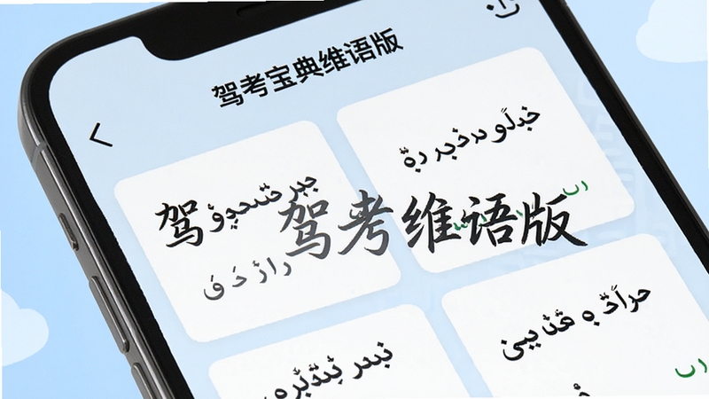 主体为手机界面特写,展示“驾考宝典维语版”的题库列表页,背景为柔和的浅蓝色,卡片式布局展示不同章节的维语标题,细节处显示正确的维语标点符号,风格简洁专业,画质清晰,文字“驾考宝典维语版”醒目,无水印,无杂乱背景,干净