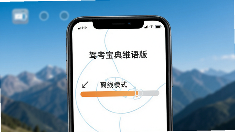 主体为手机侧面与背景结合图,手机屏幕显示“驾考宝典维语版”的离线下载进度条,背景为模糊的山脉与蓝天,暗示无网络环境,布局平衡,风格写实与科技结合,细节处显示电池电量与信号图标(无信号),画质高清,干净,无多余元素,文字“离线模式”清晰