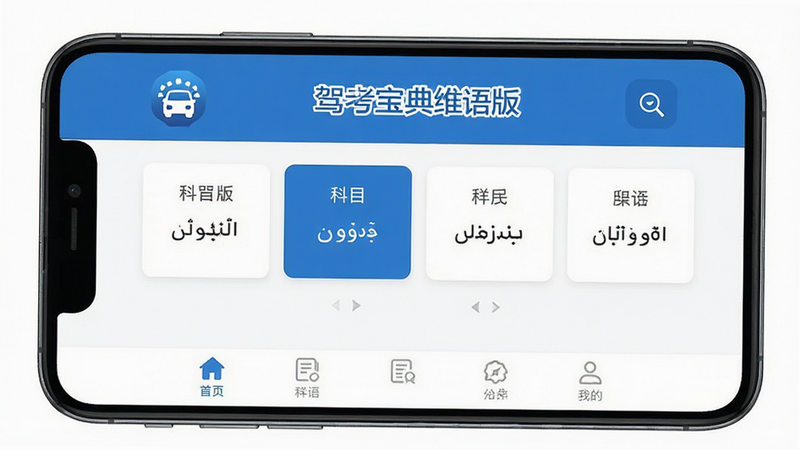 主体为智能手机屏幕,显示“驾考宝典维语版”APP首页,界面语言为维吾尔文,布局清晰,顶部有Logo,中间是科目选择卡片,底部是导航栏,风格扁平化,UI设计简洁现代,细节处体现蓝色主题色,画质高清,干净,无多余元素,文字清晰可见,包含“驾考宝典维语版”字样