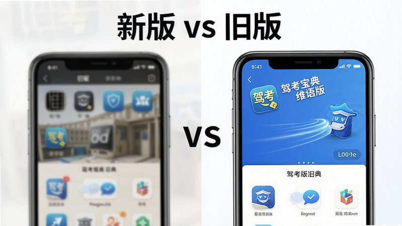 主体为手机对比图,左侧显示旧版模糊界面,右侧显示“驾考宝典维语版”新版清晰界面,布局对称,风格对比强烈,细节处体现新版的高清图标与流畅动效,画质高清,干净,无多余元素,文字“新版 vs 旧版”清晰