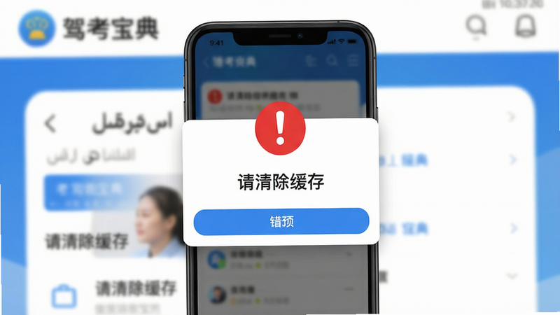 主体为手机屏幕显示错误提示对话框,背景为模糊的驾考宝典维语版界面,布局居中,风格警示性强,细节处显示红色感叹号图标,画质清晰,干净,无多余元素,文字“请清除缓存”清晰可见,体现问题解决场景