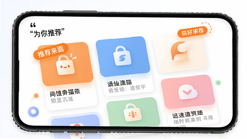 ����Ϊ�ֻ���Ļ����ʾ���мѡ�APP���Ƽ�ҳ�棬����Ϊ�ٲ�����Ƭ��ÿ�ſ�Ƭ����ͼ���������������������죬��ɫ�����Ƽ���ǩ��ϸ�ڴ���΢��������Ч����ʾ�����ʸߣ��ɾ����޶���Ԫ�أ����֡�Ϊ���Ƽ���������