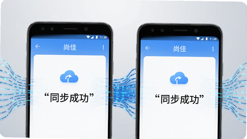 ����Ϊ��̨Android�ֻ�����չʾ����Ļ����ʾ���мѡ�APPͬ��״̬�����ֶԳƣ�����Ϊǳ��ɫ���䣬���Ƽ��У���ɫ��������������ϸ�ڴ�����ͬ��ͼ�꣬���ʾ�ϸ���ɾ����޶���Ԫ�أ����֡�ͬ���ɹ���������