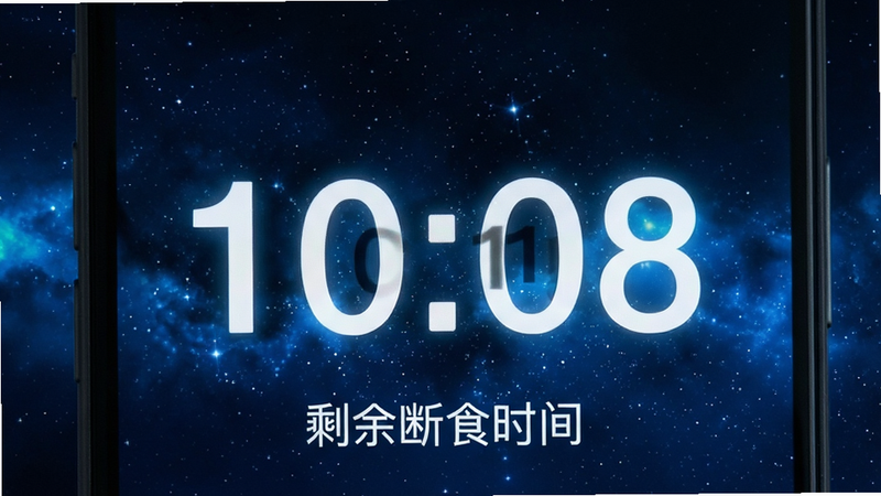 主体为手机界面特写,展示倒计时数字,背景为深蓝色夜空星空,布局上下分布,排版突出数字,风格科技感与静谧感结合,细节显示微弱的发光效果,文字显示
