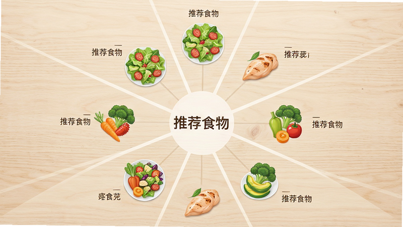 主体为饮食搭配图表,背景为浅色木纹桌面,布局中心辐射状,排版均衡,风格自然健康,细节显示沙拉、鸡胸肉、蔬菜等食物图标,文字标签为