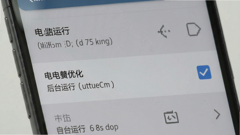 主体为手机设置界面,背景为灰色系统风格,布局列表式,排版清晰,风格严谨,细节显示电池优化选项被勾选,文字标签为