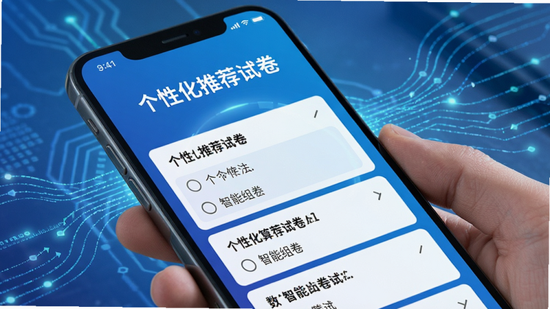 智能算法推荐试卷界面,手机屏幕显示“个性化推荐试卷”标题,下方列出几道题目选项,背景有数据流线条装饰,体现智能分析,风格科技感,蓝色渐变背景,细节清晰,画质高,文字包含