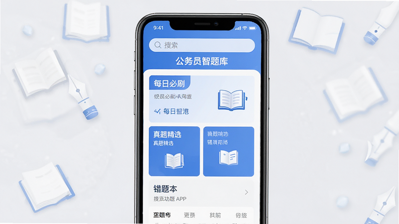 公务员智题库 APP 界面全景展示,主体为手机屏幕,显示首页核心功能区,布局清晰,顶部为搜索栏,中部为“每日必刷”、“真题精选”、“错题本”等模块,排版整洁,风格简约现代,蓝色为主色调,细节处有书本与钢笔图标,画质高清,干净,无多余元素,文字包含