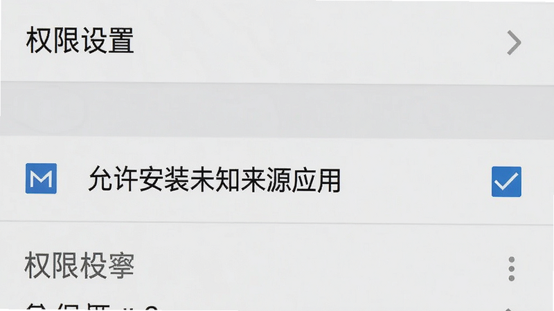手机设置权限界面截图,显示“允许安装未知来源应用”选项被勾选,背景为安卓系统设置菜单,风格简洁,细节清晰,画质高,文字包含