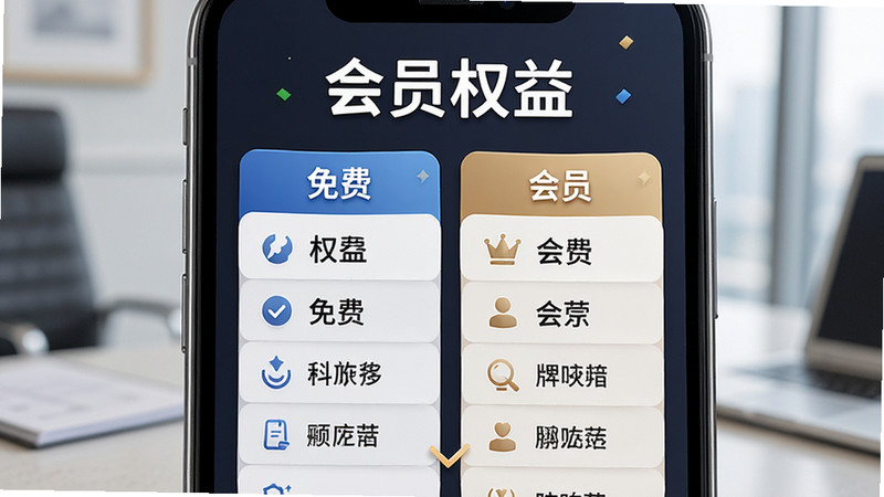 会员权益对比图表,手机屏幕显示“免费”与“会员”功能列表,清晰标注各项权益,风格商务,细节精致,画质清晰,文字包含