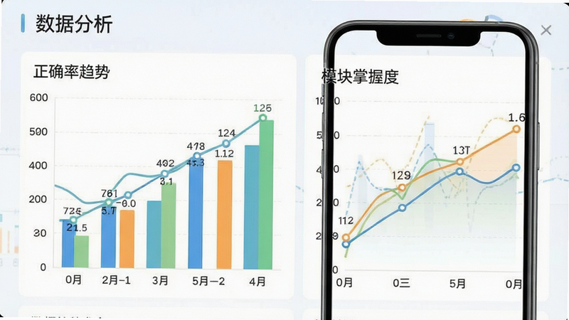 数据统计分析图表界面,手机屏幕显示柱状图与折线图,展示“正确率趋势”与“模块掌握度”,配色清新,风格专业,细节处有数据点标记,画质清晰,干净,文字包含