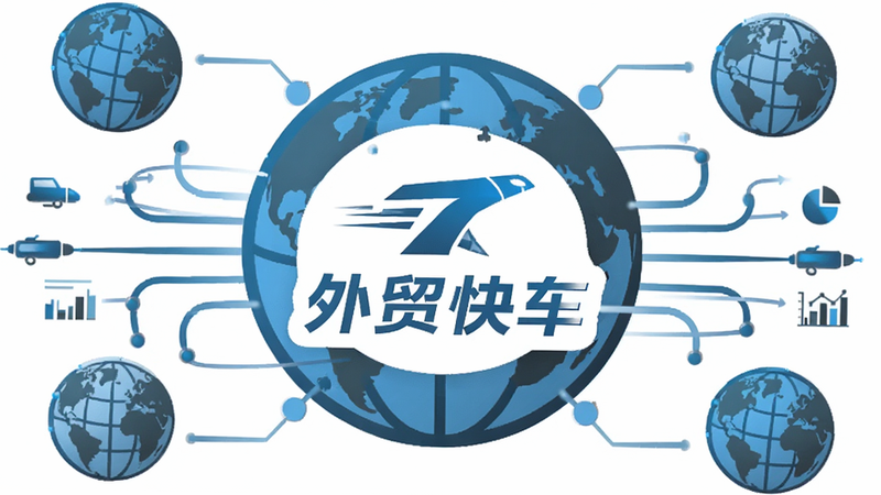 一张信息图表风格的插图,中心是“外贸快车”Logo,周围环绕着地球仪图标和数据流线条,象征全球数据连接,配色为科技蓝与深灰,扁平化设计,细节丰富,高清,简洁