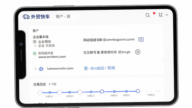 主体为“外贸快车”App中的客户背调界面,展示企业基本信息、网站链接、社交账号及交易历史时间轴,布局清晰,字体易读,背景为纯白,风格专业,高清,无杂乱元素