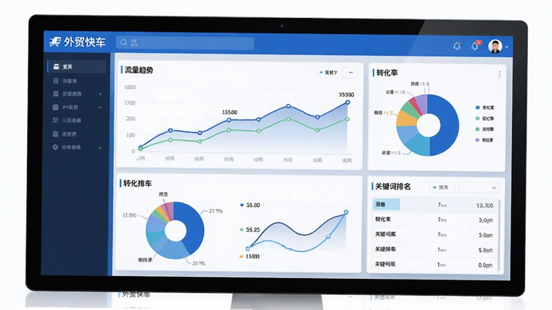 主体为“外贸快车”的数据分析仪表盘,显示流量趋势图、转化率饼图及关键词排名列表,界面整洁,数据可视化效果佳,蓝色主调,高清,无多余装饰
