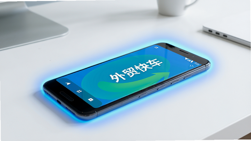 主体为一部安卓手机,屏幕显示“外贸快车”App正在运行的状态,背景为简洁的桌面,突出稳定性与流畅性,蓝色光晕环绕手机,高清,干净,无多余元素