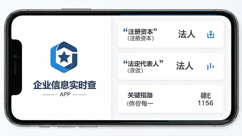 ����Ϊ����ҵ��Ϣʵʱ�顱APP����չʾ�����ֲ������ҷ����������ʾ��ҵLogo�����ƣ��Ҳ��г�ע���ʱ������������˵ȹؼ�������Ű��������������Ϊ�ִ���ƽ������磬ϸ�ڰ�����ɫ��ɫ�����ɫ��Ƭ���������ʸ��壬�ɾ��޶���Ԫ�أ����ּ������硰ע���ʱ����������ˡ�