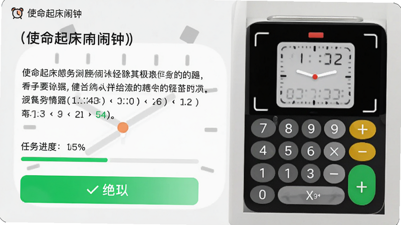 主体为“使命起床闹钟”任务界面,布局左侧显示任务描述文本,右侧显示一个模拟的计算器或相机取景框,排版左右分栏,风格为扁平化UI设计,细节包含任务进度条和明亮的绿色确认按钮,背景为浅灰色,画质锐利,干净,无多余元素