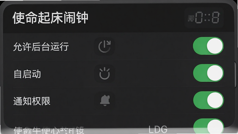 主体为“使命起床闹钟”设置界面,布局为列表形式,排版整齐,风格为深色模式UI,细节包含多个开关按钮如“允许后台运行”、“自启动”、“通知权限”,状态均为开启绿色,背景为深灰色,画质清晰,干净,无多余元素