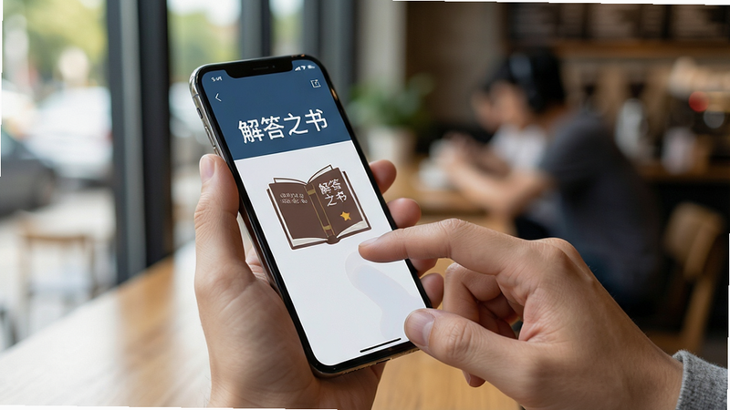 主体为一只手拿着手机,屏幕显示“解答之书”应用界面,手指正在点击屏幕,背景是模糊的咖啡馆环境,风格写实摄影,细节丰富,光影自然,画质高清,干净无多余元素,文字包含“解答之书”