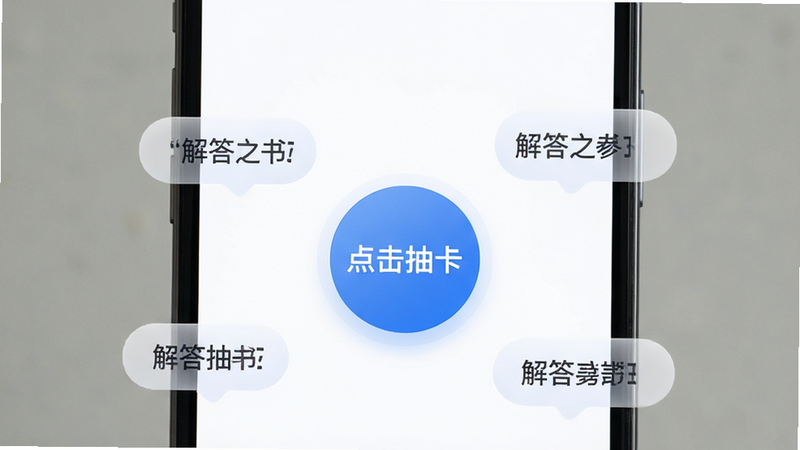 主体为手机侧面视角,屏幕显示简洁的白色背景,中间有一个蓝色的圆形按钮,按钮上写着“点击抽卡”,周围散落着几个半透明的文字气泡,风格清新简约,排版居中对称,细节柔和,画质清晰,干净无多余元素,文字包含“解答之书”