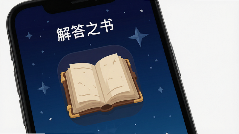 主体为手机屏幕界面,显示“解答之书”APP首页,中间有一本打开的古董书籍图标,背景是深蓝色星空,排版简洁现代,风格扁平化插画,细节清晰,画质高清,干净无多余元素,文字包含“解答之书”