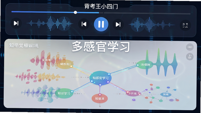 主体为背考王小四门的音频与视觉双模式切换界面,布局上方为音频播放控制条,下方为彩色知识点图谱,排版上下分明,风格为科技感与教育感结合,细节处展示声波动画和节点连接图,画质纯净,简洁无干扰,文字显示为