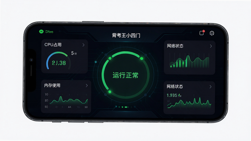 主体为背考王小四门在手机上的运行状态监控界面,布局为仪表盘形式,展示CPU占用率、内存使用情况和网络状态,排版中心突出,风格为深色模式科技感,细节处有绿色健康指示灯,画质清晰,干净无杂乱图标,文字显示为
