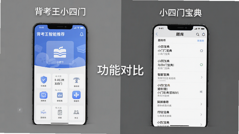 主体为背考王小四门与小四门宝典的功能对比图,布局为左右对称结构,左侧展示背考王小四门的智能推荐界面,右侧展示小四门宝典的题库列表界面,排版清晰对比,风格为中性客观的灰色调,细节处突出各自核心功能图标,画质平衡,干净无广告干扰,文字显示为