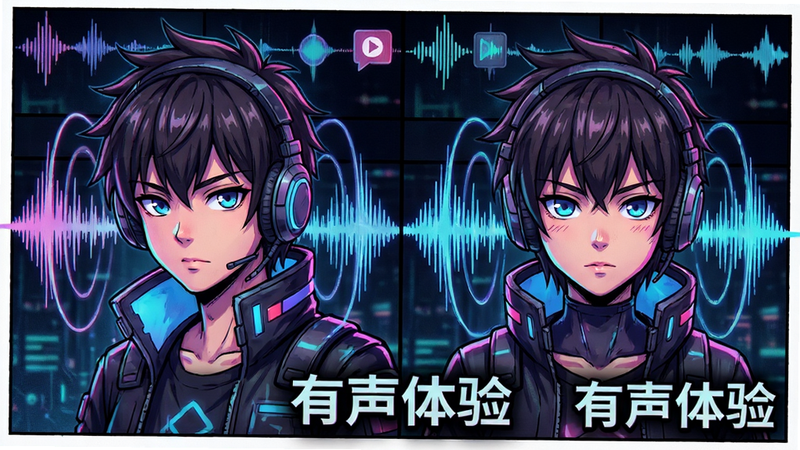 主体为漫画分镜与声波图的结合概念图,布局左右对称,排版紧凑,风格为赛博朋克风,细节展示声音波纹环绕着动漫角色,色彩鲜艳,画质极佳,干净,无多余元素,文字标注