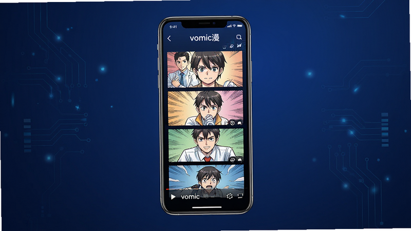 主体为vomic漫APP的界面全景图,布局采用居中展示,排版清晰,风格为现代简约科技感,细节包含手机屏幕中正在播放的彩色漫画分镜,背景为深蓝色渐变,画质高清,干净,无多余元素,文字标注