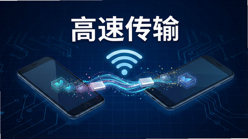 主体是两部手机通过无线信号图标连接,中间有快速流动的数据光带。背景为深蓝色科技网格,布局中心聚焦于连接点,排版紧凑。风格为赛博朋克微光效,细节展示数据包传输的粒子效果。画质锐利,干净,无多余元素,文字“高速传输”以白色字体悬浮于上方。
