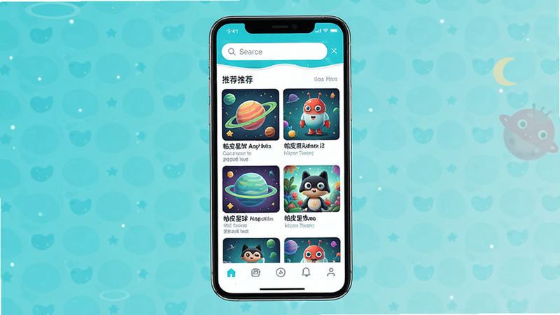 帕皮星球安卓应用主界面预览图,主体为手机屏幕展示APP首页,布局清晰,顶部搜索栏,中间推荐内容网格,底部导航栏,风格清新简约,色彩明亮,细节丰富,文字显示“帕皮星球”,画质高清,干净无多余元素