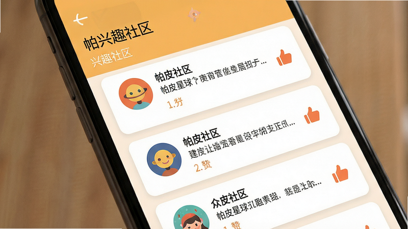 帕皮星球社区帖子列表界面,手机屏幕视角,卡片式布局,包含用户头像、文字内容与点赞图标,风格扁平化,色彩温馨,细节清晰,文字显示“兴趣社区”,画质高清,干净无多余元素