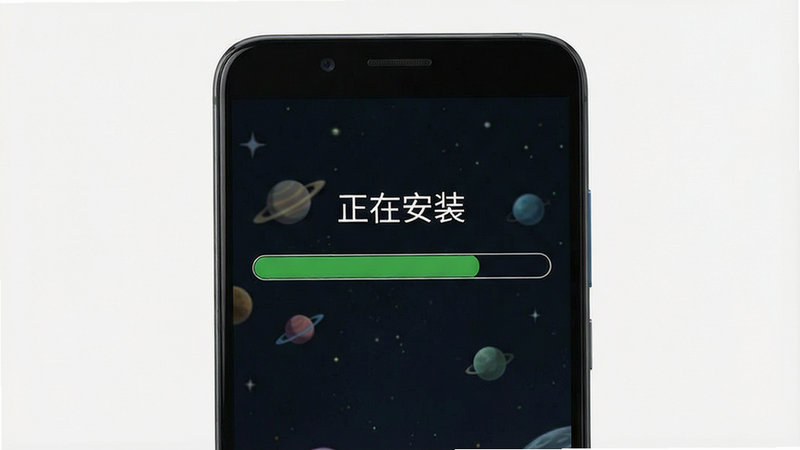 帕皮星球安卓手机安装过程示意图,显示手机屏幕上的安装进度条,背景简洁,风格写实,细节清晰,文字显示“正在安装”,画质高清,干净无多余元素