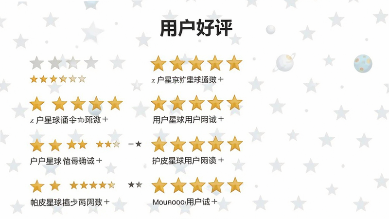 帕皮星球用户评价界面预览图,显示多条五星好评,背景白色,风格简洁,细节清晰,文字显示“用户好评”,画质高清,干净无多余元素