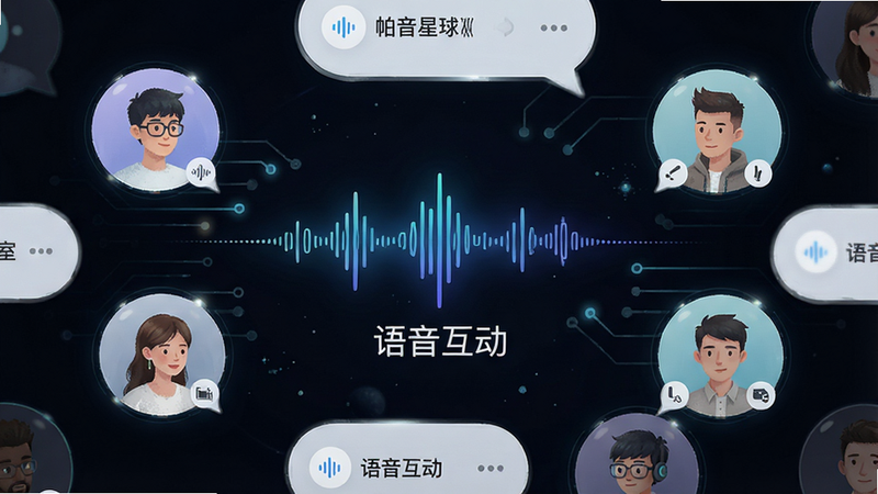帕皮星球语音聊天室界面,显示多个圆形头像气泡,中间有波形图动画,背景深色模式,风格科技感,细节精致,文字显示“语音互动”,画质高清,干净无多余元素