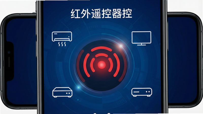 主体为一张高清的智能手机正面特写,手机屏幕显示着“红外遥控器控”App的主界面,界面背景为深蓝色科技感渐变,中央有一个巨大的红色红外发射波纹图标,周围环绕着空调、电视、机顶盒的简约线性图标。布局采用中心对称式,排版清晰,风格为现代扁平化UI设计,细节处体现光晕效果,画质8K,干净无多余元素,文字“红外遥控器控”清晰可见