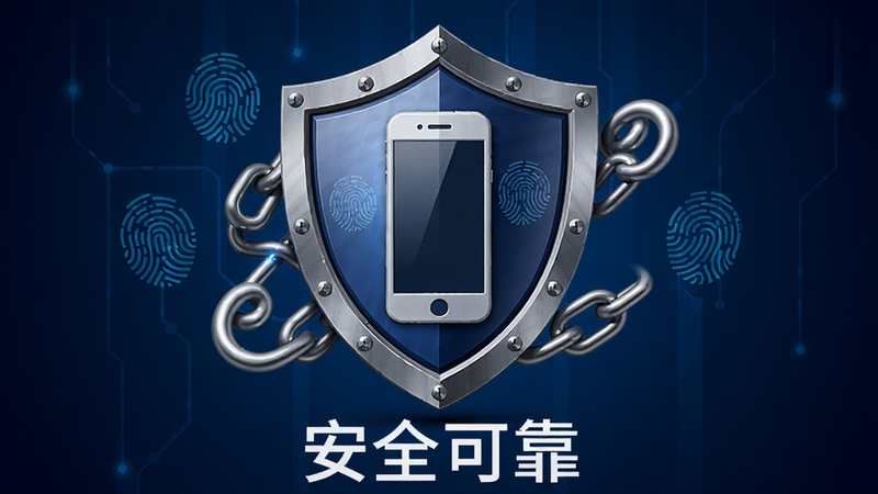 主体为一个盾牌图标,中间是一个手机形状,盾牌周围有锁链和指纹图案,象征安全与隐私保护。背景为深蓝色渐变,风格为科技安全风,细节展示盾牌表面的金属质感,画质清晰,干净,无多余元素,文字“安全可靠”在底部显示