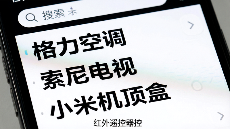 主体为手机屏幕局部放大图,展示设备选择列表,列表中清晰列出“格力空调”、“索尼电视”、“小米机顶盒”等品牌名称,背景为白色,文字黑色加粗,风格简洁商务,细节展示搜索栏在顶部,画质高清,无水印,文字“红外遥控器控”在底部小字显示