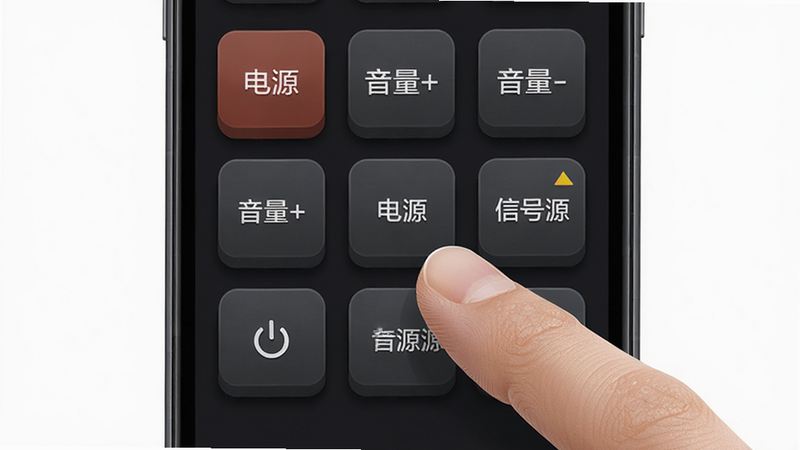 主体为手机屏幕界面,显示网格状的虚拟按键,每个按键上标有“电源”、“音量+”、“音量-”、“信号源”等文字,按键具有立体感和阴影效果,背景为深色模式,风格为拟物化与扁平化结合,细节展示手指正在点击“电源”键,画质细腻,干净,文字清晰