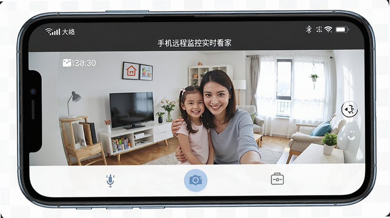 ����Ϊ�����ֻ���Ļ����ʾ���ֻ�Զ�̼��ʵʱ���ҡ�APP���棬��������������Ϊ״̬�����в�Ϊ����ʵʱ��ػ��棬�ײ�Ϊ���ܰ�ť������ִ���Լ��ϸ�ڰ����ź�ͼ����ʱ�䣬���ʸ��壬�ɾ����޶���Ԫ��