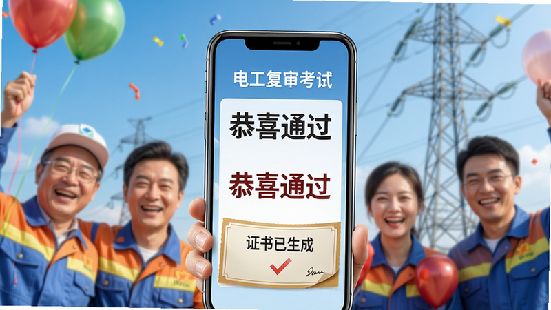 主体为成功通过考试的庆祝画面,手机屏幕显示“恭喜通过”,背景为蓝天和电力塔,布局中心构图,风格明亮积极,细节丰富,画质高清,干净,无多余元素,文字包含“电工复审考试”、“恭喜通过”、“证书已生成”