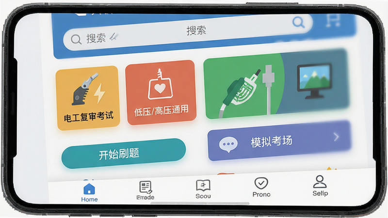 主体为手机屏幕界面,显示“电工复审考试”App首页,布局清晰,顶部搜索栏,中间分类卡片(低压/高压/通用),底部导航栏,风格扁平化,细节丰富,画质高清,干净,无多余元素,文字包含“电工复审考试”、“开始刷题”、“模拟考场”
