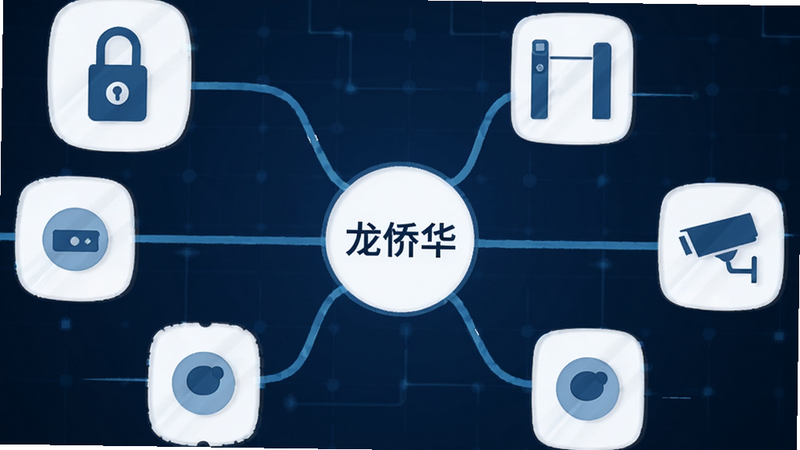 一个中心节点连接着多个不同形状的智能设备图标,包括门锁、闸机、摄像头,背景为深蓝色科技网格,线条流畅,中心节点标有