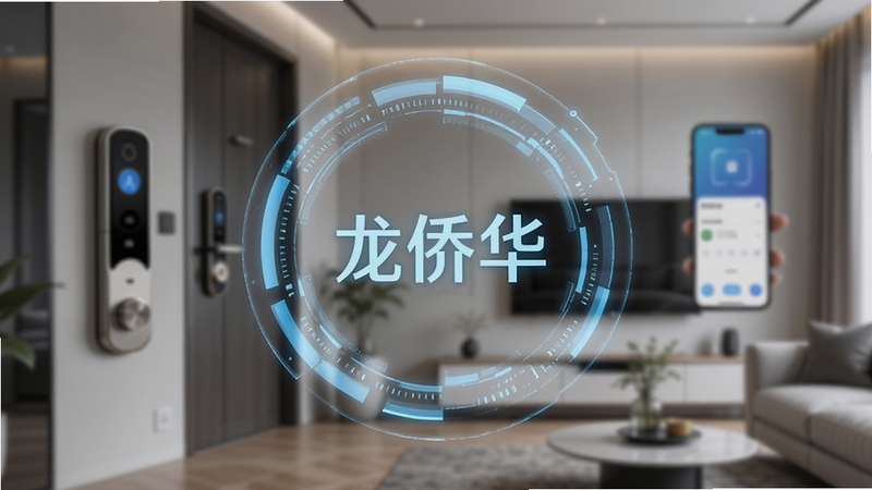 一张展示现代智能家居客厅场景的高清图片,画面中心悬浮着一个半透明的蓝色科技光环,光环中心清晰显示文字