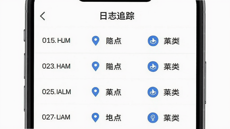 手机应用界面展示列表形式的操作记录,每一行包含时间、地点和操作类型图标,背景为白色,文字清晰,顶部有