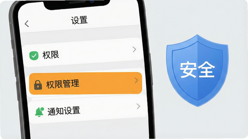 一个手机屏幕显示“设置”界面的示意图,重点高亮“权限管理”和“通知设置”选项。旁边有一个盾牌图标象征安全保护。背景为浅灰色,界面元素清晰,文字“权限”、“安全”清晰可见。风格为简洁的UI教程插图,高清,无杂乱元素。
