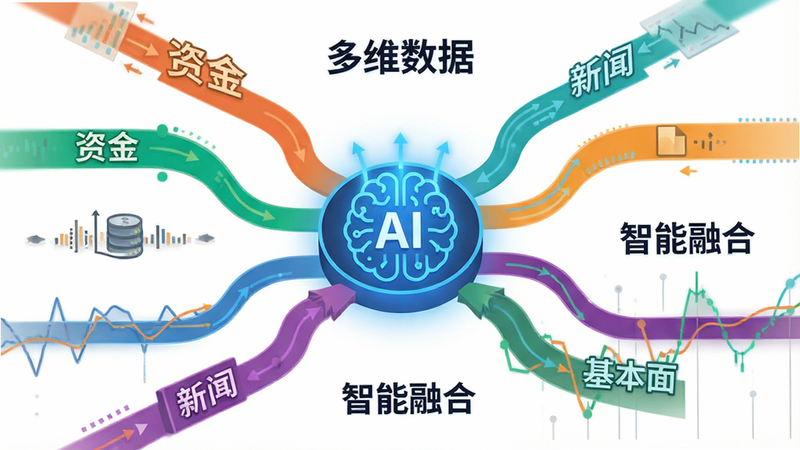 展示数据融合过程的抽象概念图,主体是多个不同颜色的数据流(代表资金、新闻、基本面)汇聚到一个中心的AI大脑图标中。背景为纯白色,线条流畅简洁。中心AI图标发出蓝光,象征智能处理。文字标签“多维数据”、“智能融合”清晰可见。风格为科技感插画,扁平化设计,高清细节,无杂乱背景。
