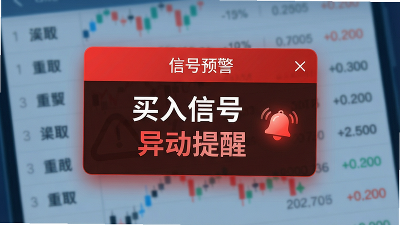 手机界面截图风格,显示一个红色的“信号预警”弹窗,背景是模糊的股票列表。弹窗中有醒目的“买入信号”或“异动提醒”字样,以及一个闪烁的铃铛图标。整体色调为警示红与科技蓝的搭配,强调紧迫感与专业性。风格为UI设计展示,高清,细节丰富,无多余装饰。